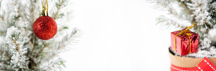 Wall Mural - Christmas tree decoration. Merry Christmas horizontal banner. Small tree isolated on white background.