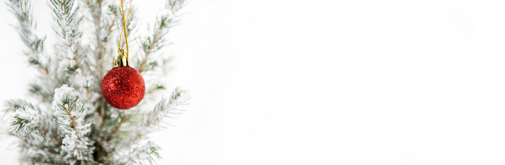 Wall Mural - Christmas tree decoration. Merry Christmas horizontal banner. Small tree isolated on white background.
