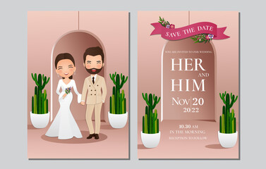  Wedding invitation card the bride and groom cute muslim couple cartoon character with green cactus and light pink background.Vector illustration 