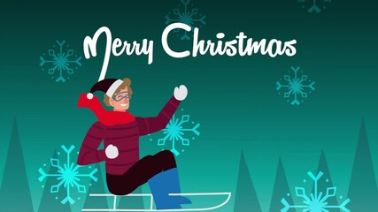 Poster - happy merry christmas animation with men couple in sleds scene