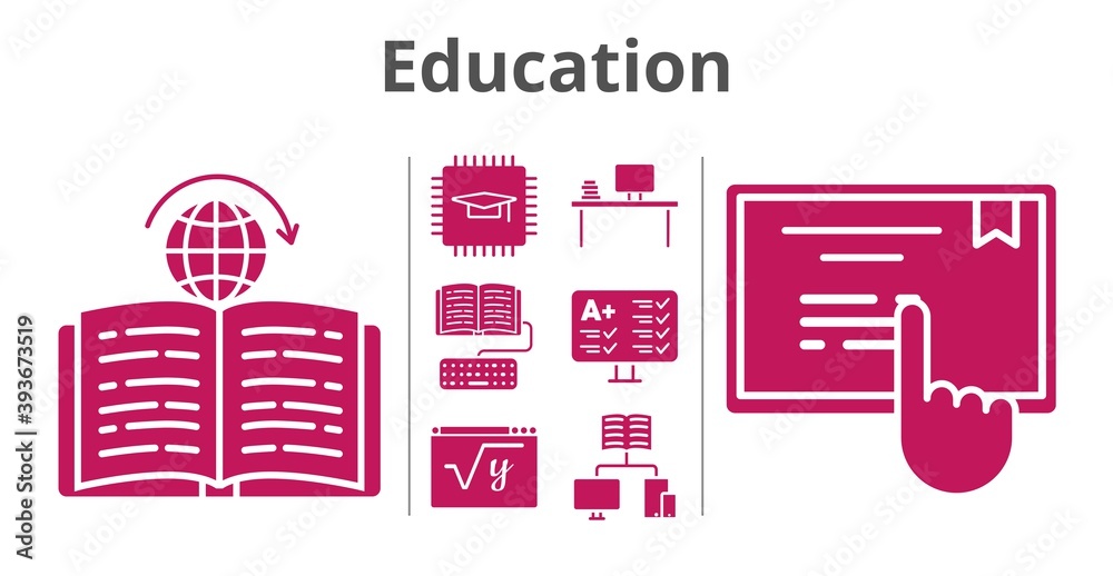 Learning At Computer Icon education set. included chip, desktop, test, homework, school, maths ...