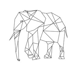 Isolated elephant in low poly style on white background. A polygonal illustration of an African animal consisting of triangles. Geometric design for printing on clothes or poster. Vector illustration.