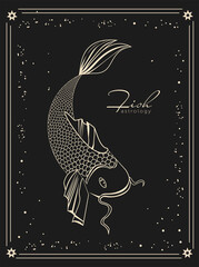 Wall Mural - vector illustration; astrological card with zodiac sign fish on dark gray, black background. fish in