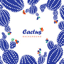 Set Of Cacti. Vector Illustration. Summer Cactus In The Desert On A White Background. Cactus Background With Text. Desert Plants. Africa. Collection Of Exotic Plants. Cactus With Flowers. Mexico