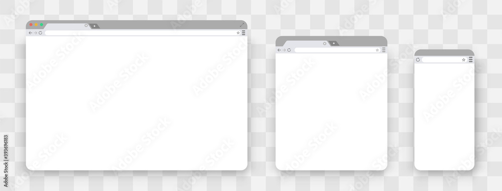 Browser mockups. Set of Flat blank browser windows for different devices. Template Browser window on your PC, tablet and mobile phone. Empty web page mockup with toolbar. Vector illustration  - obrazy, fototapety, plakaty 