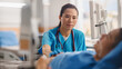 © Gorodenkoff - Hospital Ward: Portrait of Professional Chinese Head Nurse Doing Patient Vital's Checkup, Monitoring Equipment, Medicine Delivery. Nurse Puts Hand on a Patient Getting Well after Successful Surgery