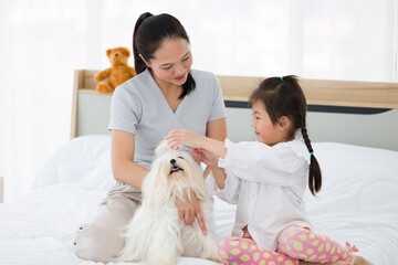 Mother and daughter dress the puppies in the bed.