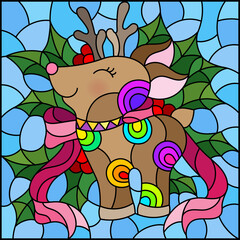 Illustration in stained glass style on the theme of the winter holidays of Christmas and New year, a toy deer on the background of Holly branches