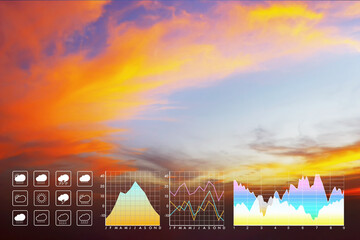 Wall Mural - weather forecast symbol data presentation with graph and chart on dramatic atmosphere panorama view 