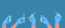 Medical Flu Vaccination Shot Concept Of Doctor Hand Wear Rubber Glove Holding Syringe With Needle And Ampoules Vaccine For The Treatment Of Influenza Coronavirus Or COVID-19, Vector Flat Illustration