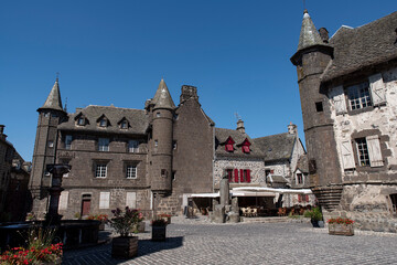 Typical Auvergne house architecture in the town of Salers in the Cantal region of France