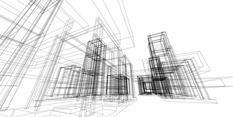 Poster - Abstract 3D building wireframe structure. Illustration construction graphic idea , Architectural sketch idea.