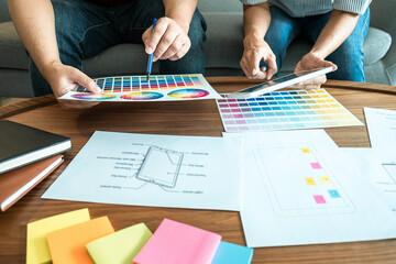 Wall Mural - professional creative team of web/graphic designer planning, drawing website ux app for mobile phone
