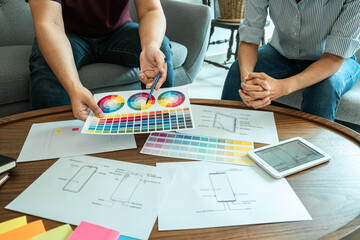 Wall Mural - professional creative team of web/graphic designer planning, drawing website ux app for mobile phone