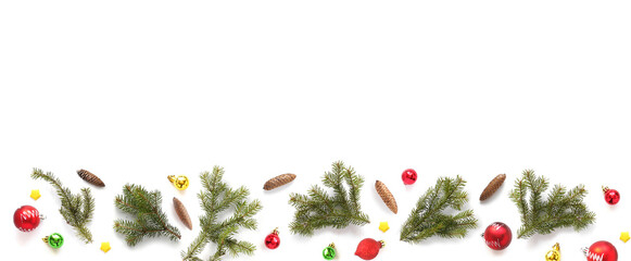 Wall Mural - Creative layout of fir branches, Christmas tree decorations on a white background in the form of a banner with a place for text. Christmas and New Year background.