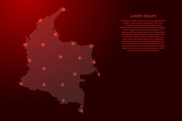 Fototapete - Colombia map from red pattern slanted parallel lines and glowing space stars grid. Vector illustration.