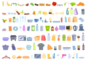 Poster - Waste icons set. Cartoon set of waste vector icons for web design