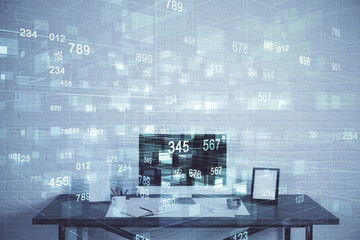 double exposure of desktop computer and technology theme hologram. concept of software development.