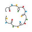 Vector cartoon round frame of tangled wire with colorful christmas lights and dots.