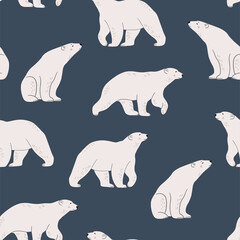 Wall Mural - White polar bear on blue background. Cute minimalistic seamless pattern