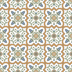 Wall Mural - Moroccan tile pattern vector seamless with floral motifs. Italian majolica, portuguese azulejos, arabesque, mexican talavera and spanish ceramic. Mosaic background for kitchen wall or bathroom floor.
