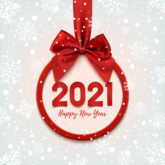 Wall Mural - Happy New Year 2021 round banner with red ribbon and bow, on winter background.