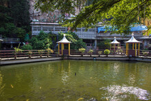 Pond With Artificial Waterfalls On The Background Of A Hindu Temple In The Batu Caves Complex, Kuala Lumpur, Malaysia