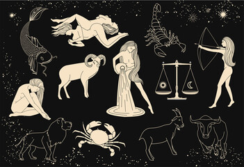 Wall Mural - zodiac signs collection. mystical, esoteric symbols of astrology. gold illustrations of women, anima