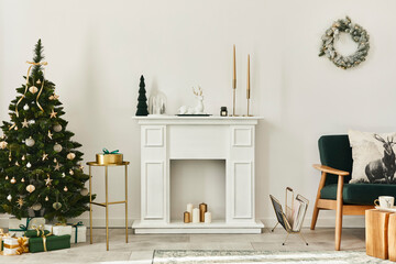 Stylish christmas living room interior with green sofa, white chimney, christmas tree and wreath, gifts and decoration. Santa claus is coming. Template.