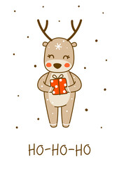 Canvas Print - Cute little deer with gift box isolated on white background - cartoon character for funny Christmas and New Year winter greeting card and poster design