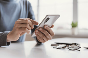 young business man using phone at office, communication, connection, business, people, technology co