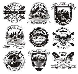 Fototapete - Vintage badges for kayak club vector illustration set. Monochrome skull, river and man in canoe isolated on white background. Adventure and camping concept can be used for retro template