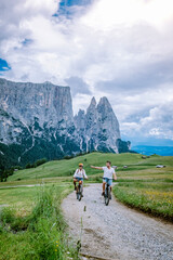 Alpe di Siusi - Seiser Alm with Sassolungo - Langkofel mountain group in background at sunset. Yellow spring flowers and wooden chalets in Dolomites, Trentino Alto Adige, South Tyrol, Italy, Europe