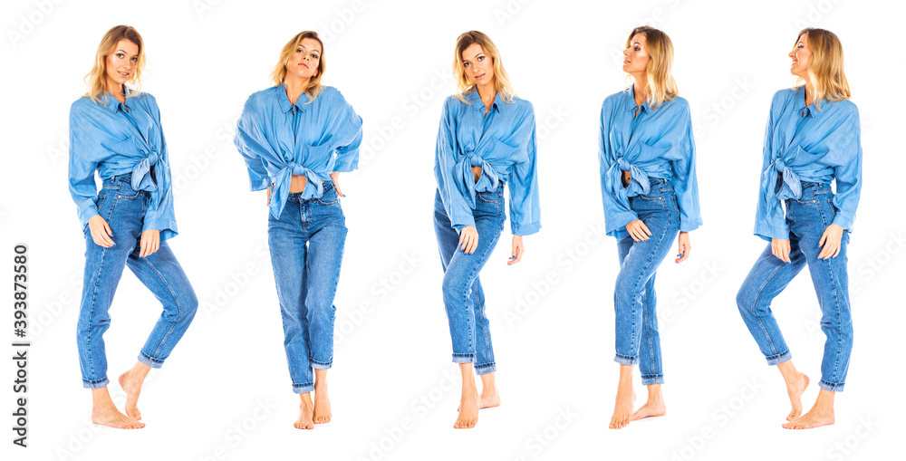 Portrait of blonde woman in blue jeans and shirt isolated on white ...