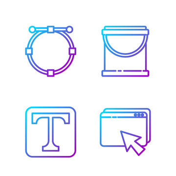 Set line Web design and development, Text, Circle with Bezier curve and Paint bucket. Gradient color icons. Vector.