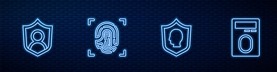 Poster - set line user protection, , fingerprint and with lock. glowing neon icon on brick wall. vector.