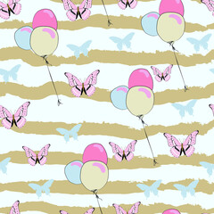 Wall Mural - Butterflies, birthday cards vector seamless pattern. Concept for wallpaper, wrapping paper, cards  