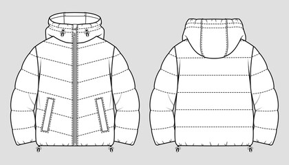 Wall Mural - Cropped puffer winter down coat. Women oversized quilting jacket. Vector technical sketch. Mockup template.