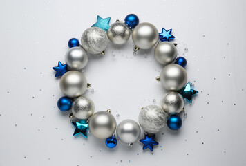 Wall Mural - Beautiful festive wreath made of different Christmas balls on white background, top view