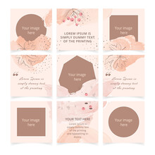 Social Media Post Template Vector Set. Instagram Post Templates. Square Puzzle Feed. Trendy Abstract Organic Backgrounds In Soft Peach Color With Pastel Pink Brush Strokes For Social Media Banner.