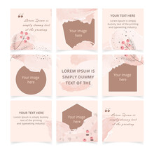 Set Of Editable Pink Social Media Instagram Post Template With Place For Photo. Abstract Minimal Trendy Pastel Color Backgrounds With Floral Elements. Square Social Media Post Frame Puzzle Poster