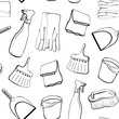 © Iuliia  Emelianova - Seamless pattern spring cleaning outline. A bucket of water, a brush, a rag, rubber gloves, a broom, a scoop, an atomizer, a vacuum cleaner and a mop. Hand drawing in cartoon style. Vector background
