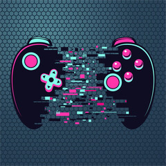 Wall Mural - Video game gamepad with glitch effect. Cyberpunk style illustration. Virtual reality concept. Cyber sport online tournament. Vector illustration.