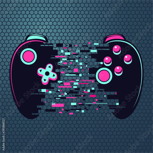 Video game gamepad with glitch effect. Cyberpunk style illustration. Virtual ...