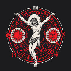 Poster - Hand-drawn crucifix of Jesus Christ with the Sun, Moon, alchemical and Masonic symbols on the black background. Abstract vector banner on the religious theme with cryptic signs written in a circle