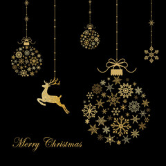 Wall Mural - Greeting card with gold christmas ball made from snowflakes and dear  on black background.New year them. Vector illustration