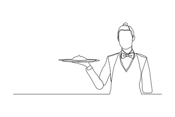 Wall Mural - continuous line drawing of waiters woman holding order food tray for customer. One line art concept of restaurant worker. Vector illustration