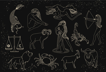 Wall Mural - zodiac signs collection. mystical, esoteric symbols of astrology. gold illustrations of women, anima