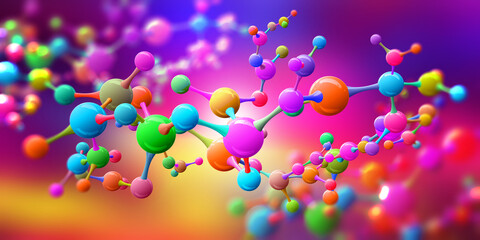 Poster - Bright, colorful model. Science background with molecule. Abstract atomic structure for Science or medical background. Nanotechnology 3D illustration
