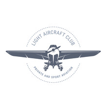 Light Aviation Emblem With Biplane , Vintage Airplane Icon,  Propeller Aircraft Front View Logo, Vector Illustration